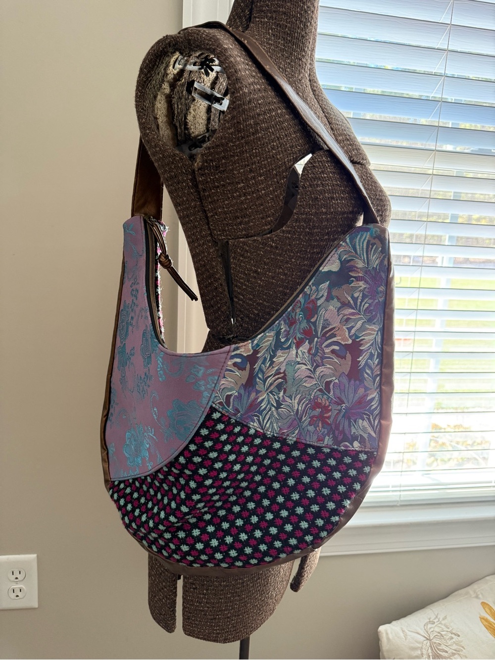 Boho Patchwork Floral Shoulder Bag in Mauve and Teal